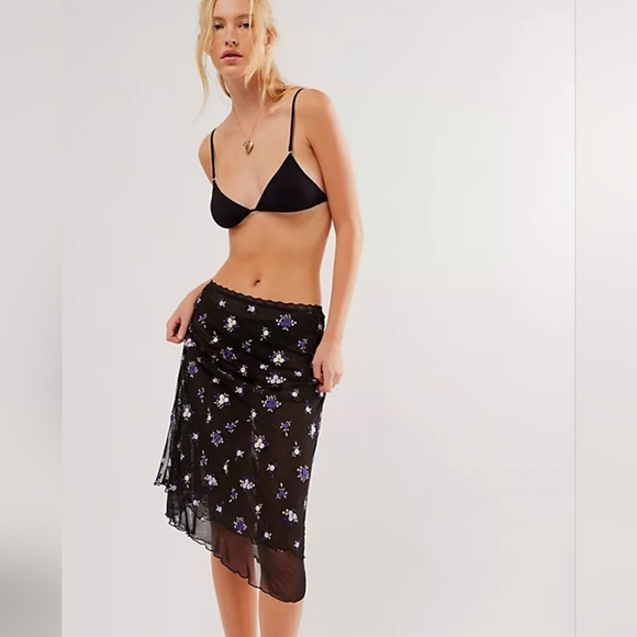 Free People Dresses & Skirts - Free People Black Mesh Midi Skirt with Purple Floral Embroidery